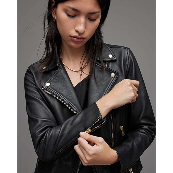 Allsaints Australia Womens Dalby Slim Fit Gold Leather Biker Jacket Black/Gold AU68-068